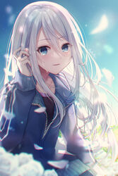  asaya-bigun black_shirt blue_eyes blue_jacket carnation_recollection_(project_sekai) collarbone crying crying_with_eyes_open female floating_hair hair_between_eyes highres jacket long_hair long_sleeves looking_at_viewer open_mouth project_sekai shirt solo straight_hair tears track_jacket very_long_hair white_hair yoisaki_kanade 