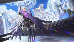  absurdres anti-materiel_rifle ass blue_sky bodysuit bolt_action braid building cape city cityscape dark-skinned_female dark_skin feet_out_of_frame female from_behind girls&#039;_frontline girls&#039;_frontline_2:_exilium gloves gun gun_sling hair_between_eyes highres lan_liyu_renzi lens_flare long_hair looking_at_viewer looking_back nemesis_(girls&#039;_frontline_2) outdoors ponytail purple_cape purple_eyes rifle scenery scope sig_san_511 sky smile sniper_rifle solo stairs very_long_hair weapon white_hair 