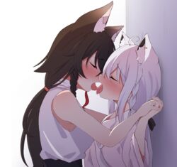  2girls ahoge animal_ear_fluff animal_ears black_hair blush closed_eyes commentary_request earrings fox_ears fox_girl french_kiss hair_between_eyes highres holding_hands hololive jewelry kissing long_hair long_sleeves multiple_girls official_alternate_costume ookami_mio ookami_mio_(street) open_mouth rururaroru saliva saliva_swap shirakami_fubuki shirakami_fubuki_(street) shirt sidelocks sleeveless tongue tongue_out virtual_youtuber white_hair white_shirt wolf_ears wolf_girl yuri 