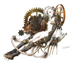 alternative_fashion anthro armor asian_mythology breasts chains chest_tuft claw_(weapon) claws clock clock_tower clockwork cogwheel collar digital_media_(artwork) ear_piercing east_asian_mythology featureless_breasts featureless_crotch felid female fur furgonomics gear hair japanese_mythology lion long_legs lounge mammal melee_weapon multi_tail mythology nekomata pantherine piercing ratbat short_hair simple_background solo steampunk straps tail technophilia tuft unconvincing_armor weapon white_background white_body white_fur white_hair wraps yokai