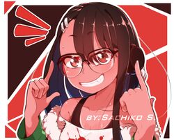  1girls black_hair blush breasts brown_eyes cleavage clothed clothing earrings female_focus female_only glasses hayase_nagatoro hi_res long_hair looking_at_viewer please_don&#039;t_bully_me,_nagatoro pose revealing_clothes sachiko simple_background small_breasts smile solo tan tanline tanned watermark 