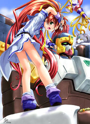  ankle_boots aoi_sora_no_neosphere arm_up ascot ass bare_legs blush boots dated female fingerless_gloves from_behind from_below gloves green_eyes kneepits long_hair long_sleeves looking_at_viewer looking_back mecha nanoca_flanka one_eye_closed open_mouth ponytail red_ascot red_hair robot rohgun shadow signature skirt smile socks solo standing stuka sweat tenzan underbutt uniform upskirt very_long_hair wolf wrench 