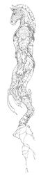 anthro armor biped black_and_white brett_booth equid equine full-length_portrait hi_res high_place holding_object holding_weapon long_image male mammal monochrome muscular muscular_anthro muscular_male pen_(artwork) portrait sickle side_view solo standing stripes tall_image traditional_media_(artwork) weapon zebra