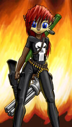 abstract_background alternative_fashion anthro arche_kruz archie_comics assault_rifle athletic athletic_anthro athletic_female belt black_bottomwear black_cargo_pants black_clothing black_nose black_pants black_shirt black_t-shirt black_topwear blue_eyes bottomwear brown_body brown_fur bullet_belt chipmunk clothing cosplay female front_view fur gatling_gun ground_squirrel gun hair holding_gun holding_object holding_ranged_weapon holding_weapon lipstick looking_at_viewer m16 machine_gun makeup mammal marvel minigun orange_background pants print_clothing print_shirt print_t-shirt print_topwear ranged_weapon red_hair rifle rocket_launcher rodent sally_acorn sciurid sega shirt simple_background smile solo sonic_the_hedgehog_(archie) sonic_the_hedgehog_(comics) sonic_the_hedgehog_(series) standing t-shirt the_punisher tight_clothing topwear utility_belt weapon