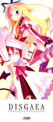  2girls absurdres bat_wings blonde_hair copyright_name cosplay costume_switch demon_girl disgaea elbow_gloves etna_(disgaea) etna_(disgaea)_(cosplay) flat_chest flonne flonne_(cosplay) flonne_(fallen_angel) gloves harada_takehito highres long_hair makai_senki_disgaea miniskirt multiple_girls official_art photoshop_(medium) red_eyes red_hair ribbon skirt tail thighhighs twintails wings 