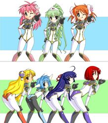  6+girls apricot_sakuraba ass blonde_hair blue_eyes boots crossover dotekabocha flower forte_stollen galaxy_angel galaxy_angel_rune glasses green_hair half_updo jinki karasuma_chitose long_hair milfeulle_sakuraba mint_blancmanche monocle multiple_girls parody pink_hair ranpha_franboise red_hair ribbon twintails vanilla_h 