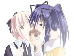  2girls blue_eyes blue_hair brown_eyes brown_hair doughnut eating eye_contact food jpeg_artifacts kimuraya_anko kuro_(ukagaka) long_hair looking_at_another maid multiple_girls pink_hair shared_food short_hair simple_background twintails ukagaka umekichi white_background yuri 