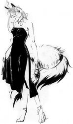 5_toes amiral_aesir anthro barefoot bell biped black_and_white canid canine classy claws clothing digitigrade dress evening_gown feet female footwear fox hi_res high_heels kitsune_bothan mammal monochrome party shoes simple_background solo tail tired toes