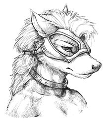 anthro bust_portrait canid canine canis collar digital_drawing_(artwork) digital_media_(artwork) domestic_dog eyewear female goggles greyscale kineta low_res mammal monochrome portrait simple_background sketch solo white_background zaush