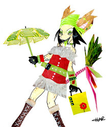 alternative_fashion anthro chival_(character) clothed clothing female fully_clothed glamfur green_tongue holding_object langurhali mixed_media papercutting_(artwork) pose simple_background solo tail tongue tongue_out traditional_collage_(artwork) traditional_media_(artwork) white_background zeriara