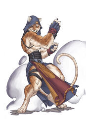 anthro assassin belt biped bottomwear brett_booth claws clothed clothing demonpuppy digital_media_(artwork) domestic_cat felid feline felis fight fingerless_gloves gloves handwear hood hybrid liger lion loincloth looking_at_viewer male mammal muscular muscular_anthro muscular_male pantherine pose solo source_request stripes tabby_cat tail tiger warrior