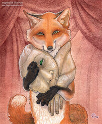 2006 ambiguous_gender canid canine feral fox fur green_eyes human_skin macabre mammal orange_theme red_fox reverse_furry satire shawl skinsecution solo stole tail text tiina_purin true_fox url warm_colors yellow_eyes