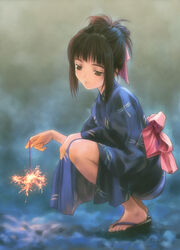  animal_print blue_kimono bow bowtie brown_eyes brown_hair bug closed_mouth dragonfly dragonfly_print expressionless female fireworks from_side full_body goto_p hair_ribbon japanese_clothes kimono long_sleeves obi okobo original photoshop_(medium) ribbon sandals sash senkou_hanabi sidelocks solo source_request sparkler squatting yukata 