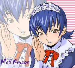  blue_hair bonnet bow brown_eyes character_name female haganemaru_kennosuke hand_on_own_cheek hand_on_own_face maid maid_headdress mell_raison parted_lips sakura_taisen sakura_taisen_iii short_hair smile solo striped striped_background upper_body zoom_layer 