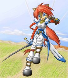 anthro arche_kruz archie_comics armor bandai_namco blue_eyes breasts brown_body brown_fur chipmunk clothed clothing cosplay female fur ground_squirrel hair holding_melee_weapon holding_object holding_sword holding_weapon mammal melee_weapon outside red_hair rodent sally_acorn sciurid sega solo sonic_the_hedgehog_(archie) sonic_the_hedgehog_(comics) sonic_the_hedgehog_(series) stahn_aileron sword tales_of_(series) tales_of_destiny weapon