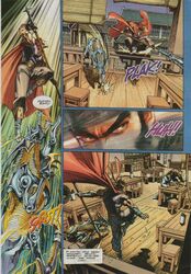 anthro blockage_(layout) canid canine comic duo_focus eyes_close-up feral four_frame_image group holding_object holding_weapon human khoo_fuk_lung machine malaysian_text male mammal manhua melee_weapon metallic_body polearm robot robot_feral saint scan spear speech_bubble text translated vertical_blockage weapon