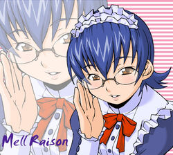  adjusting_eyewear blue_hair bonnet bow brown_eyes character_name female glasses haganemaru_kennosuke hand_on_own_cheek hand_on_own_face maid maid_headdress mell_raison parted_lips sakura_taisen sakura_taisen_iii short_hair smile solo striped striped_background upper_body zoom_layer 