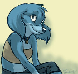 anthro biped blue_body blue_fur bottomwear canid canine canis clothed clothing collar dingbat domestic_dog female fur looking_aside low_res mammal midriff pants raine_(rainedog) rainedog side_view simple_background sitting smile solo source_request