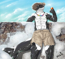 2007 abs anthro athletic biceps biped black_body black_eyes black_nipples black_skin bottomwear bulge cetacean clothed clothing digital_media_(artwork) dolphin footprint furgonomics furry-specific_piercing hat headgear headwear jewelry lacing low-angle_view male mammal marine mixed_media multicolored_jewelry multicolored_necklace muscular muscular_anthro muscular_male navel necklace nipples oceanic_dolphin orca pawprint pecs photo_background photography_(artwork) piercing pose rainbow_jewelry rainbow_necklace rainbow_symbol redic-nomad scales shorts solo standing stated_homosexuality stated_sexuality tail tail_piercing tan_bottomwear tan_clothing tan_headwear toothed_whale topless torn_bottomwear torn_clothing white_body white_skin