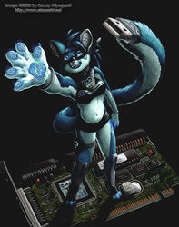 2005 alternative_fashion anthro blue_body blue_eyes blue_fur blue_hair clothed clothing current cybernetics cyberpop cyborg domestic_cat electronics felid feline felis female fur hair j-fashion kacey machine mammal pci_card skimpy solo tail unusual_anatomy unusual_tail usb usb_compatible usb_tail