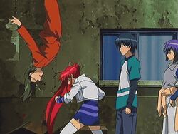  2boys 2girls animated animated anime_screenshot artistic_error comic_party haga_reiko kuhonbutsu_taishi long_hair long_sleeves lowres multiple_boys multiple_girls punching punching_bag red_hair sendou_kazuki takase_mizuki thighhighs upside-down 