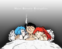  1boy 2girls after_sex ayanami_rei bed black_hair blanket blue_hair blush breasts cigarette closed_eyes closed_mouth copyright_name english_text facing_viewer ffm_threesome good_end gradient_background grey_background group_sex hair_between_eyes hand_on_another&#039;s_chest hand_on_another&#039;s_shoulder harem ikari_shinji isutoshi long_hair lying manly medium_breasts multiple_girls neon_genesis_evangelion on_back on_side open_mouth orange_hair pillow pimp red_hair short_hair sideboob smile smirk smoking souryuu_asuka_langley straight threesome upper_body 