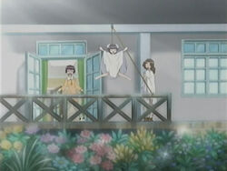  3girls anime_screenshot aruto_(kokoro_toshokan) brown_hair cosplay door flower hanging house iina kokoro_(kokoro_toshokan) kokoro_toshokan long_hair multiple_girls outstretched_arms porch short_hair spread_arms spread_legs standing teruterubouzu window 