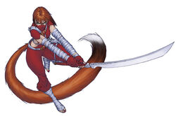 anthro brett_booth canid canine female fox green_eyes holding_melee_weapon holding_object holding_sword holding_weapon mammal melee_weapon ninja pose simple_background solo sword tail warrior weapon white_background