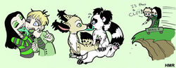 alternative_fashion anthro black_hair blonde_hair chival_(character) cross duo felid feline female glamfur goth hair human inverted_cross lemur licking long_hair lynx mammal primate ring-tailed_lemur short_hair strepsirrhine tail tongue tongue_out zeriara zeriara_(character)