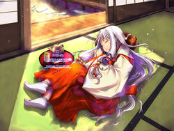  arima_yuzu artist_request cup doll female hakama hakama_skirt indoors japanese_clothes long_hair long_sleeves miko photoshop_(medium) purple_hair red_hakama skirt sleeping socks solo tabi tatami tea teapot tsuki_kagerou yunomi 