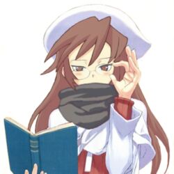  adjusting_eyewear artist_request aty_(summon_night) aty_(summon_night)_(cosplay) book brown_eyes brown_hair check_artist cosplay female glasses hat hazel_(summon_night) kazueryou long_hair long_sleeves lowres oekaki solo source_request summon_night summon_night_3 transparent_background 