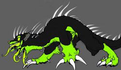 3_toes ambiguous_gender black_body black_fur feet feral fur green_body green_fur grey_background horn monster neck_piercing neogeen_(character) phantomseeker piercing quadruped sharp_teeth simple_background solo spikes spikes_(anatomy) tail teeth toes tongue tongue_piercing