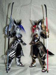 anthro armor bureido doll domestic_cat duo felid feline felis female grandfathered_content greaves holding_object holding_weapon japan mammal real sculpture_(artwork) tail traditional_media_(artwork) weapon