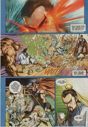 anthro base_three_layout blockage_(layout) borderless_panel canid canine comic dialogue eyes_close-up feral fight four_frame_image group holding_object holding_weapon horizontal_blockage human khoo_fuk_lung machine malaysian_text male mammal manhua melee_weapon polearm robot robot_feral saint scan speech_bubble text three_row_layout traditional_media_(artwork) translated trident weapon