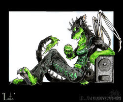 alternative_fashion anthro barefoot biped black_body black_fur bondage_pants bone bottomwear canid canine claws clothed clothing cybergoth dipstick_tail drakhenliche ear_piercing feet female fur glamfur goth green_body green_eyes green_fur green_tail_tip industrial_piercing looking_down mammal markings multicolored_tail neogeen_(character) pants piercing side_view sitting solo speaker spikes tail tail_markings