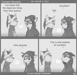 anthro ayato base_two_layout breath canid canine cold comic concern content_repetition dialogue duo english_text eyewear four_frame_image four_frame_staggered_grid glasses greyscale horizontal_staggering humor male mammal monochrome outside snow source_request staggering_(layout) text two_row_layout