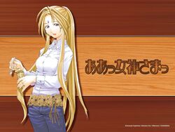  afternoon_(magazine) belldandy blonde_hair casual dress_shirt facial_mark female forehead_mark highres holding holding_spoon kio_shimoku long_hair long_sleeves looking_at_viewer oh_my_goddess! shirt solo spoon very_long_hair 