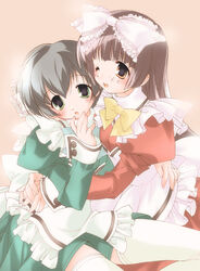  2000s_(style) 2girls artist_request bow brown_hair dress frills grey_hair holding kokoro_(kokoro_toshokan) kokoro_toshokan long_sleeves maid multiple_girls okajima_akaha short_hair thighhighs yellow_bow yuri 