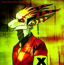 2006 alternative_fashion angie_(disambiguation) anthro bone candyjack clothed clothing demon dragon ear_piercing glamfur goth horn long_ears looking_aside looking_at_viewer male mythological_creature mythological_scalie mythology necktie piercing scalie sharp_teeth shirt side_view skeleton solo teeth topwear unknown_artist