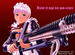  bonnet bow breasts cleavage female gun large_breasts long_sleeves machine_gun maid maid_headdress mimura_kaoru mole mole_under_eye original pink_hair ribbon solo type_96_light_machine_gun weapon 