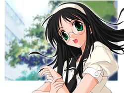  :o ahoge black_hair blush day embarrassed female glasses green_eyes hairband happy_lesson long_hair nanakorobi_fumitsuki open_mouth outdoors sasaki_mutsumi school school_uniform serafuku sky solo surprised tree 