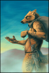 anthro belt canid canine casual_nudity cloud dagger desert ear_piercing frown kannos male mammal melee_weapon nude outside photorealism piercing sack sand scowl sky solo tail tattoo thief tribal weapon