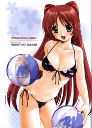  ball beachball bikini black_bikini blush breasts brown_eyes character_name cleavage female front-tie_top highres holding holding_ball holding_beachball kousaka_tamaki large_breasts long_hair one-piece_tan photoshop_(medium) red_hair shiny_clothes side-tie_bikini_bottom solo string_bikini swimsuit takagi_nobuyuki tan tanlines to_heart_(series) to_heart_2 very_long_hair 