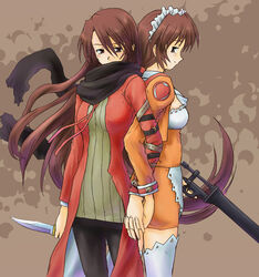  2girls artist_request back-to-back brown_eyes brown_hair dual_persona frilled_legwear frills gun hazel_(summon_night) holding_hands interlocked_fingers knife long_hair long_sleeves maid multiple_girls orange_shirt paffel pantyhose rifle scarf shirt smile summon_night summon_night_2 summon_night_3 thighhighs very_long_hair waitress weapon white_thighhighs 