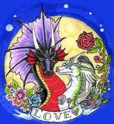 banner chival chival_(character) dragon duo exodite female feral feral_on_feral flower heart_after_text heart_symbol horn love low_res mythological_creature mythological_scalie mythology plant rose_(flower) scalie speech_scroll text_with_heart