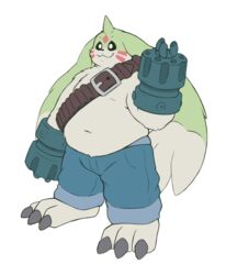  :3 alpha_channel ammo_belt anthro bandai_namco beady_eyes belly bottomwear claws clothing denim denim_bottomwear denim_clothing digimon digimon_(species) gargomon gun_arm hi_res horn jacotomo jeans long_ears male navel overweight overweight_male pants shirtless solo toe_claws 