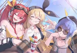  3girls ahoge aqua_hair arm_support arm_up bandana barbaros_(shadowverse) bare_shoulders beer_mug black_choker black_headwear black_sleeves blonde_hair blue_hair blue_sky blush breasts choker cleavage closed_eyes collarbone commentary cream cup deep-sea_scout_(shadowverse) drinking earrings eating eyewear_on_head food frills fruit glass glasses hair_between_eyes hair_ornament hat heart heart_earrings holding holding_cup holding_spoon horizon ice_cream ichien_ekaki jewelry large_breasts lemon lemon_slice long_hair long_sleeves mole mole_on_breast mug multicolored_hair multiple_girls open_mouth pirate_ship red_eyes red_hair ribbon round_eyewear shadowverse ship shirt short_hair sitting skull_print sky small_breasts smile spikes spoon straight_hair strawberry table teeth tidal_gunner_(shadowverse) twintails upper_body watercraft white_shirt wooden_table yellow_eyes 