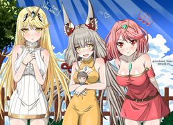  3girls alternate_costume animal_ear_fluff animal_ears archlord_haku artist_name blonde_hair breasts character_doll chest_jewel commentary_request cowboy_shot dated dress english_text fangs fence highres long_hair looking_at_viewer multiple_girls mythra_(xenoblade) nia_(blade)_(xenoblade) nia_(xenoblade) open_mouth pout pyra_(xenoblade) red_hair rex_(xenoblade) spoilers tree wooden_fence xenoblade_chronicles_(series) xenoblade_chronicles_3 yellow_eyes 