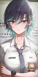  absurdres andra_nadila_(vloodozer) aqua_eyes aqua_hair arms_under_breasts blue_hair blue_necktie breasts closed_mouth collarbone collared_shirt female highres indonesian_flag indonesian_high_school_uniform large_breasts looking_at_viewer mole mole_on_neck mole_under_mouth multicolored_hair necktie original school_uniform shirt short_hair short_sleeves solo streaked_hair translation_request upper_body vloodozer watch white_shirt 