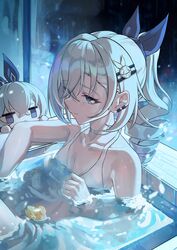  2girls absurdres bathtub bikini blue_pupils bow caisena chibi choker drill_hair drill_ponytail earclip grey_eyes grey_hair hair_ornament hairbow hairclip highres homu_(honkai_impact) honkai:_star_rail honkai_(series) multiple_girls partially_submerged rubber_duck same-sex_bathing shared_bathing silver_wolf_(honkai:_star_rail) swimsuit white_bikini window 